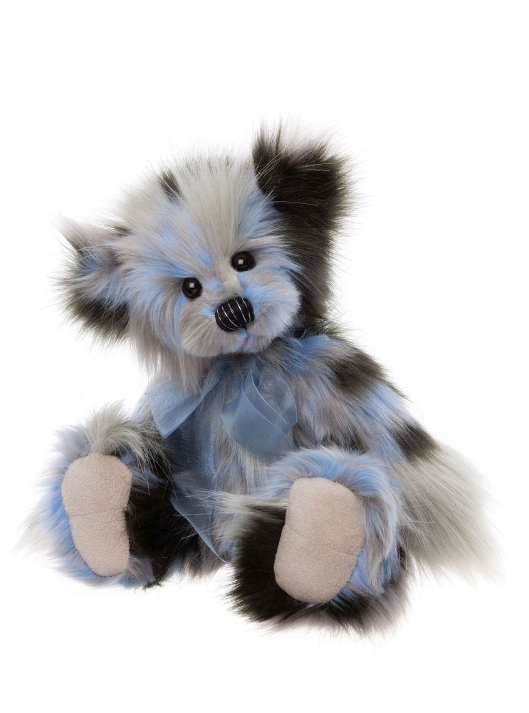 Charlie Bears Miss Liddell Plüschbär, 30 cm, mehrfarbiges Fell in Blau und Grau, mit blauer Organza-Schleife.