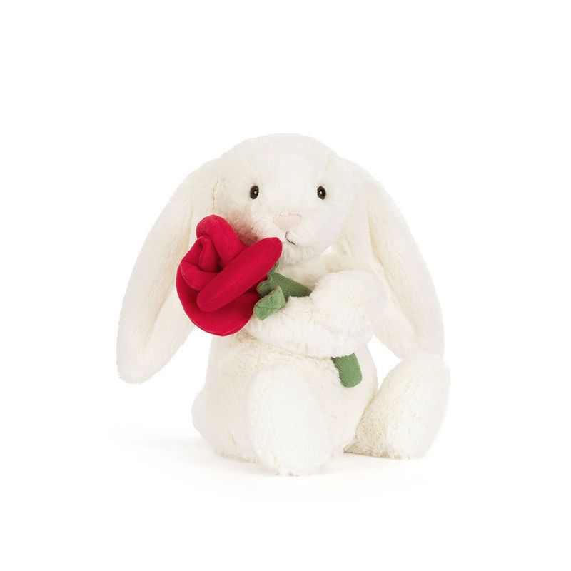 Jellycat Cream Bunny Kuscheltier mit Rose 31 cm aus cremefarbenem Plüsch, diagonale Ansicht