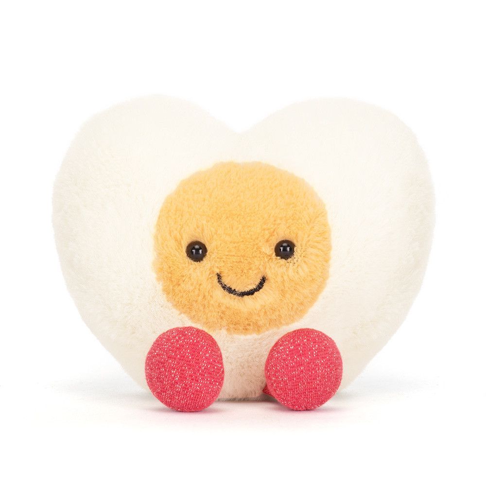Gekochtes Ei Herz - Jellycat Food & Drink Jellycat Amuseables Heart Boiled Egg, Kuscheltier Herz-Ei mit rosa Beinchen, Ansicht von vorne