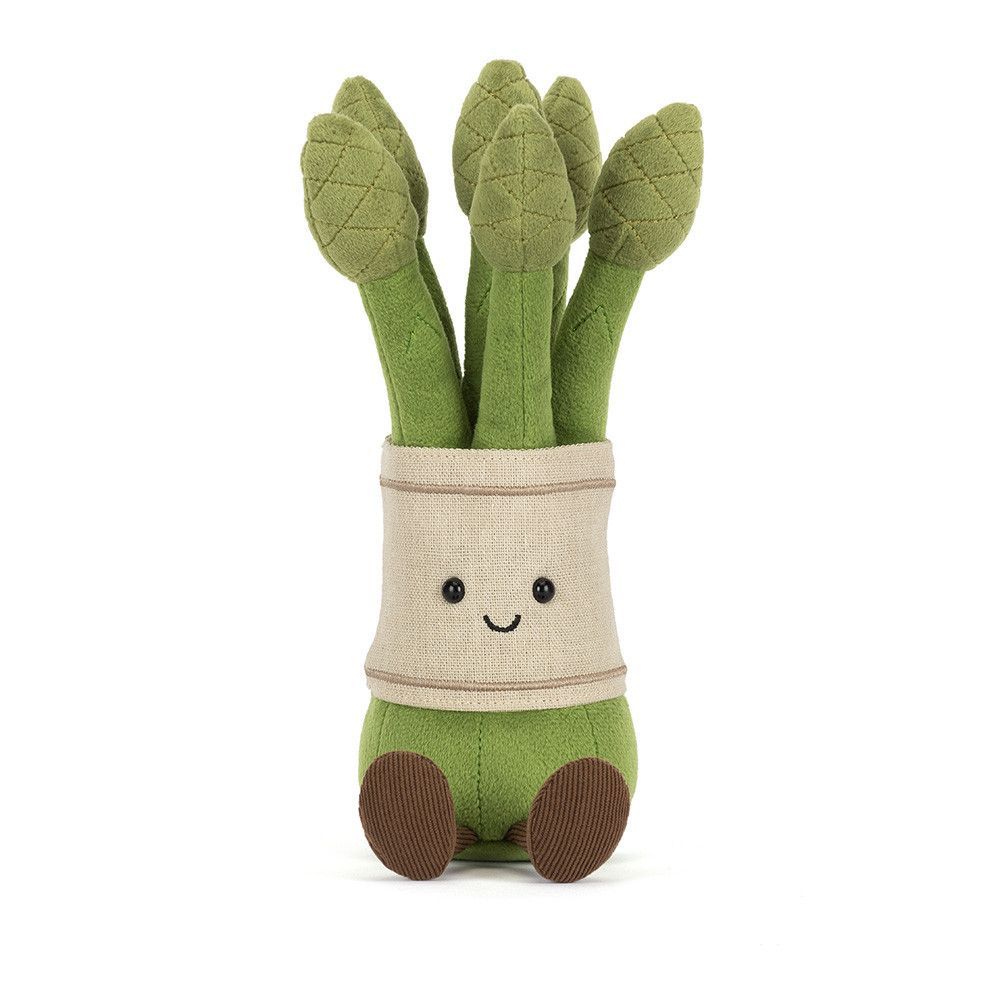 Jellycat Amuseables Asparagus, Kuscheltier grüner Spargel mit Gesicht, Ansicht von vorne