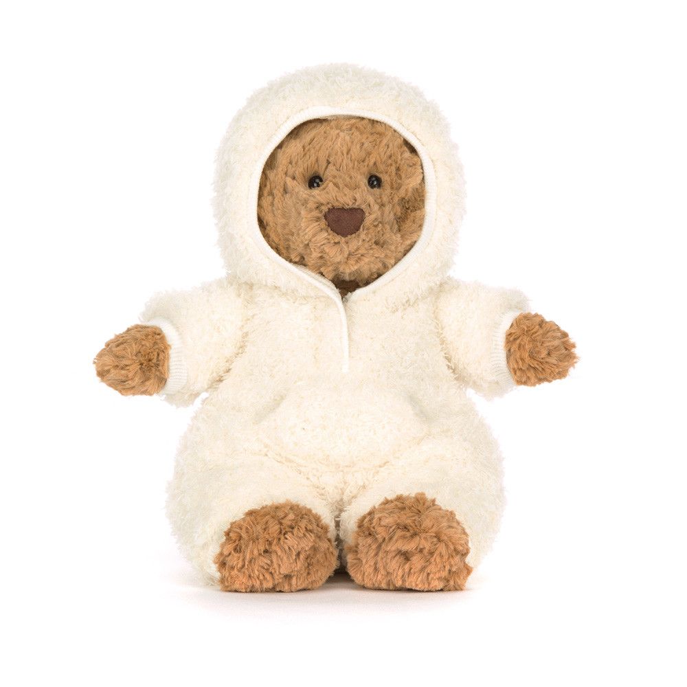 Jellycat Bartholomew Bär mit All-in-One Anzug ausziehbarer Overall Plüsch sitzend