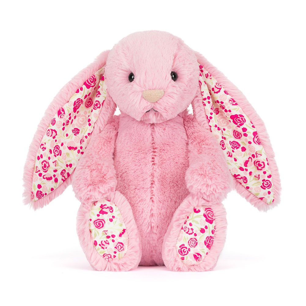 Jellycat Blushkin Blossom Luxe Bunny, Medium (31cm), Kuschel-Hase mit Blumenmuster aus Plüsch in Rosa, Ansicht diagonal