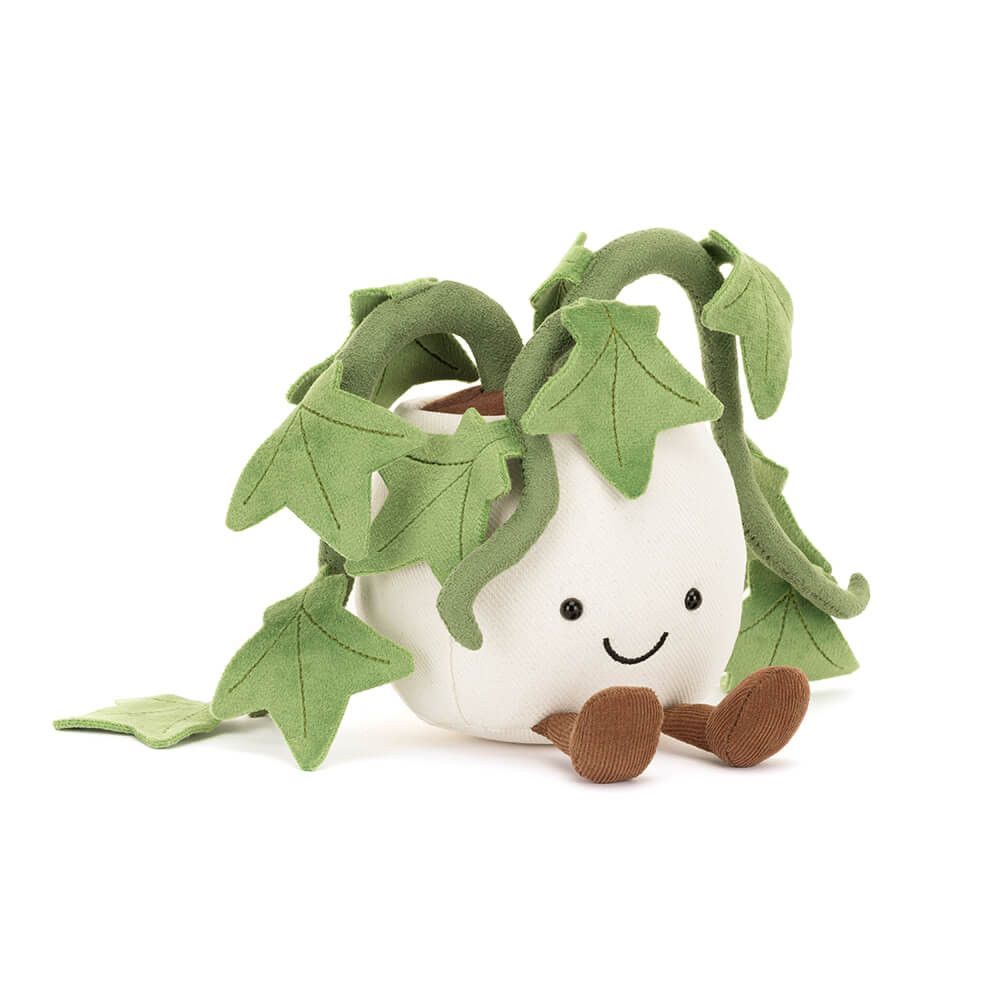 Jellycat Amuseable Ivy Efeu Pflanze im Topf grün creme Kordfüßchen Lächeln Vorderansicht