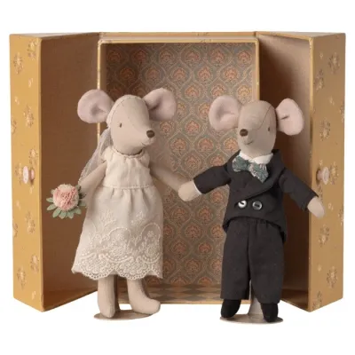 Maileg Hochzeitsmäuse Brautpaar weißes Kleid Frack Schleier Geschenkbox Mäusehochzeit