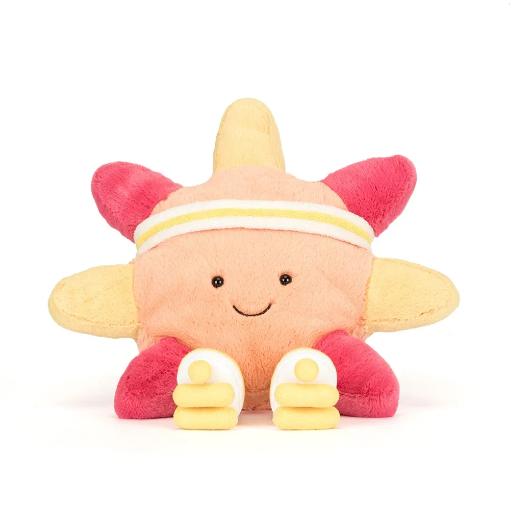 Jellycat Amuseable Sonne gelb Plüschtier mit bunten Rollschuhen Roller Skates lächelnd