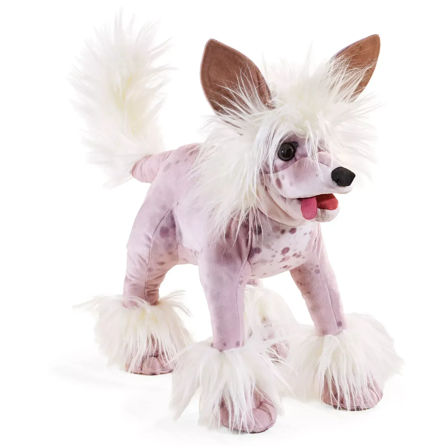 Folkmanis Handpuppe Chinesischer Schopfhund Chinese Crested Dog weißer Haarschopf Handeingriff Brust Kopf Maul bespielbar