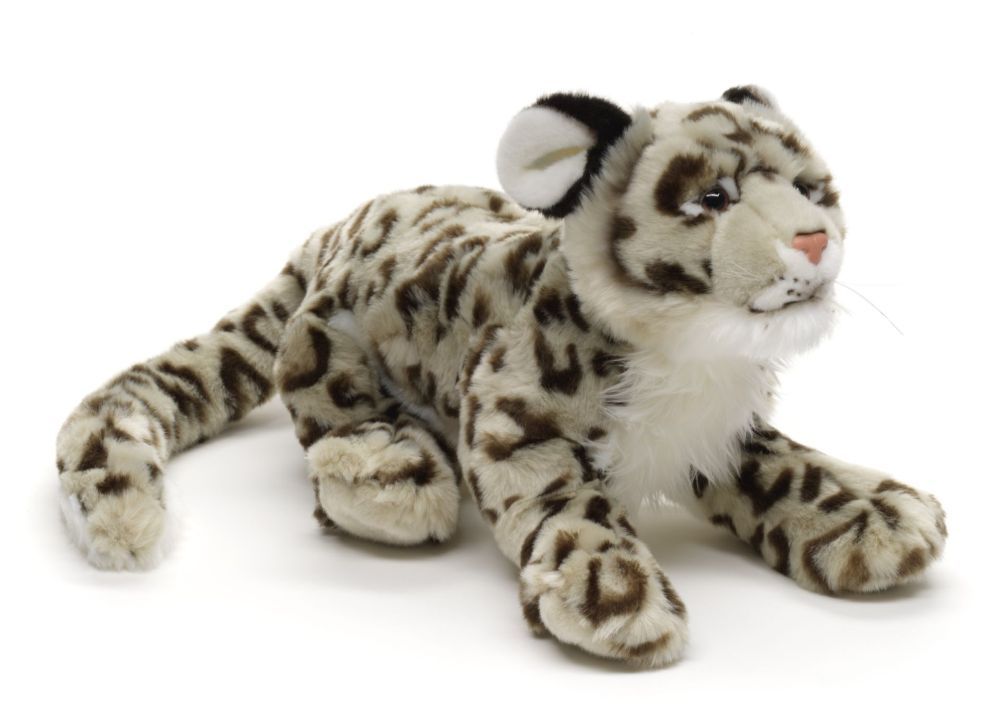 Uni-Toys Schneeleopard Plüschtier liegend 40 cm lang weiß grau geflecktes Fell realistische Raubkatze Stofftier