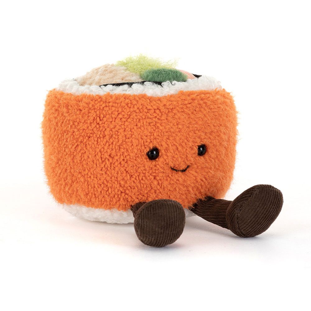 Sushi Amusables Codhi Californian Roll - Jellycat Food & Drink Jellycat Amuseable Californian Roll Sushi Plüschtier weißer Reis bunte Füllung fröhliches Gesicht braune Cordbeinchen Foodie