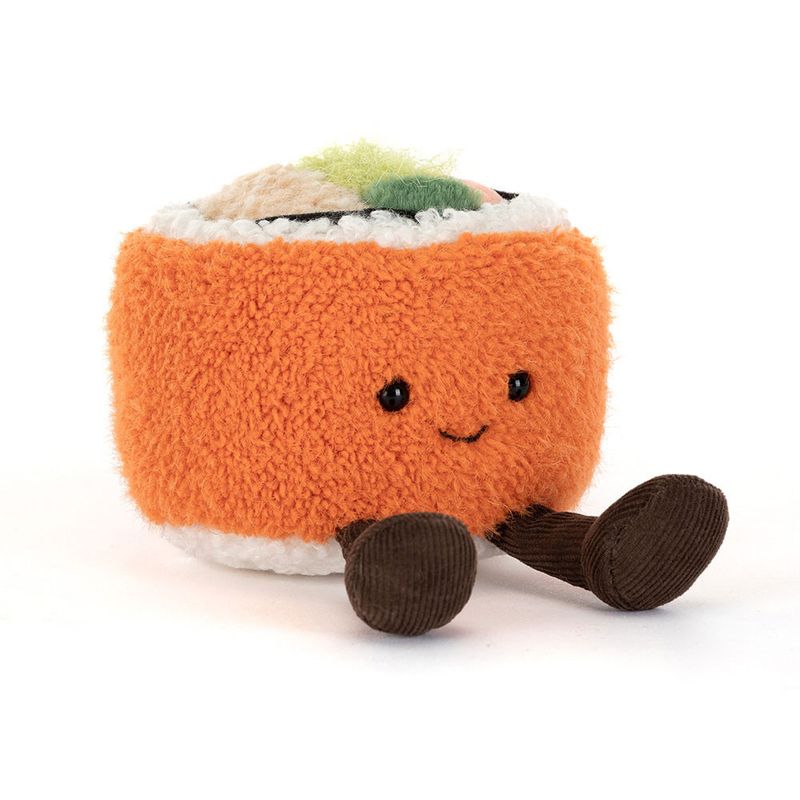 Sushi Amusables Codhi Californian Roll - Jellycat Food & Drink Jellycat Amuseable Californian Roll Sushi Plüschtier weißer Reis bunte Füllung fröhliches Gesicht braune Cordbeinchen Foodie