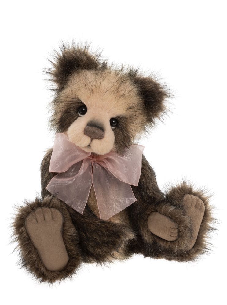 CHARLIE BEARS Bär Serenity Charlie Bears Serenity Teddybär dichtes Plüschfell beige braun meliert handgestickte Nase treue Augen große Schleife