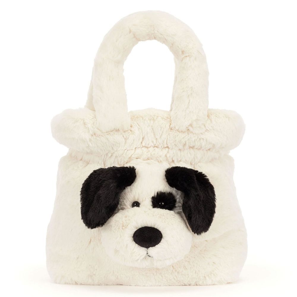 Jellycat Rufferty Puppy Handbag flauschiger Plüsch Hund cremeweiß braun gefleckt mit Schlappohren 