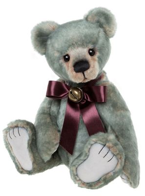 CHARLIE BEARS Bär Henderson Charlie Bears Henderson Plüschbär 41 cm groß creme grünes Fell beweglicher Sammlerbär mit rotbrauner Schleife und Glocke Deko