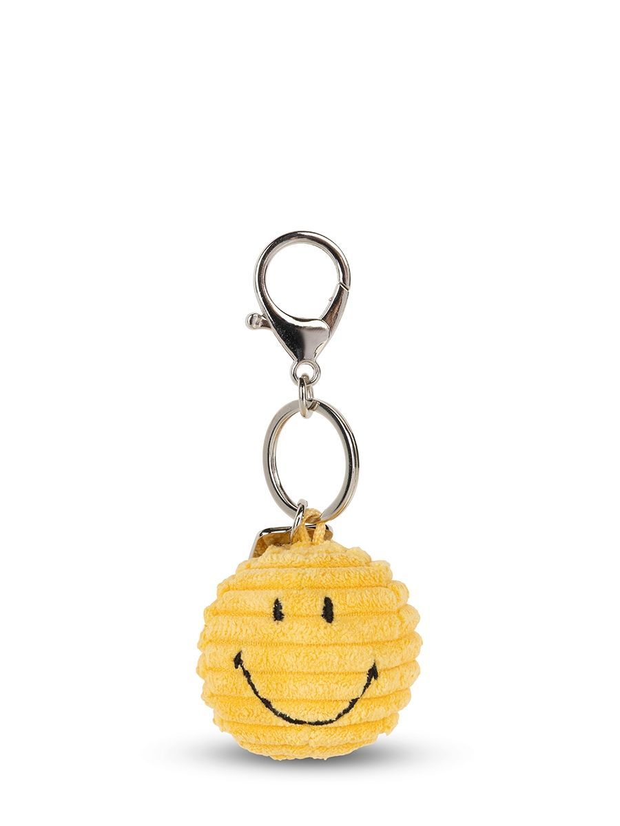 Bon Ton Toys Smiley Cord Schlüsselanhänger gelber Plüschanhänger aus Feincord mit gesticktem Lächeln und Metallring