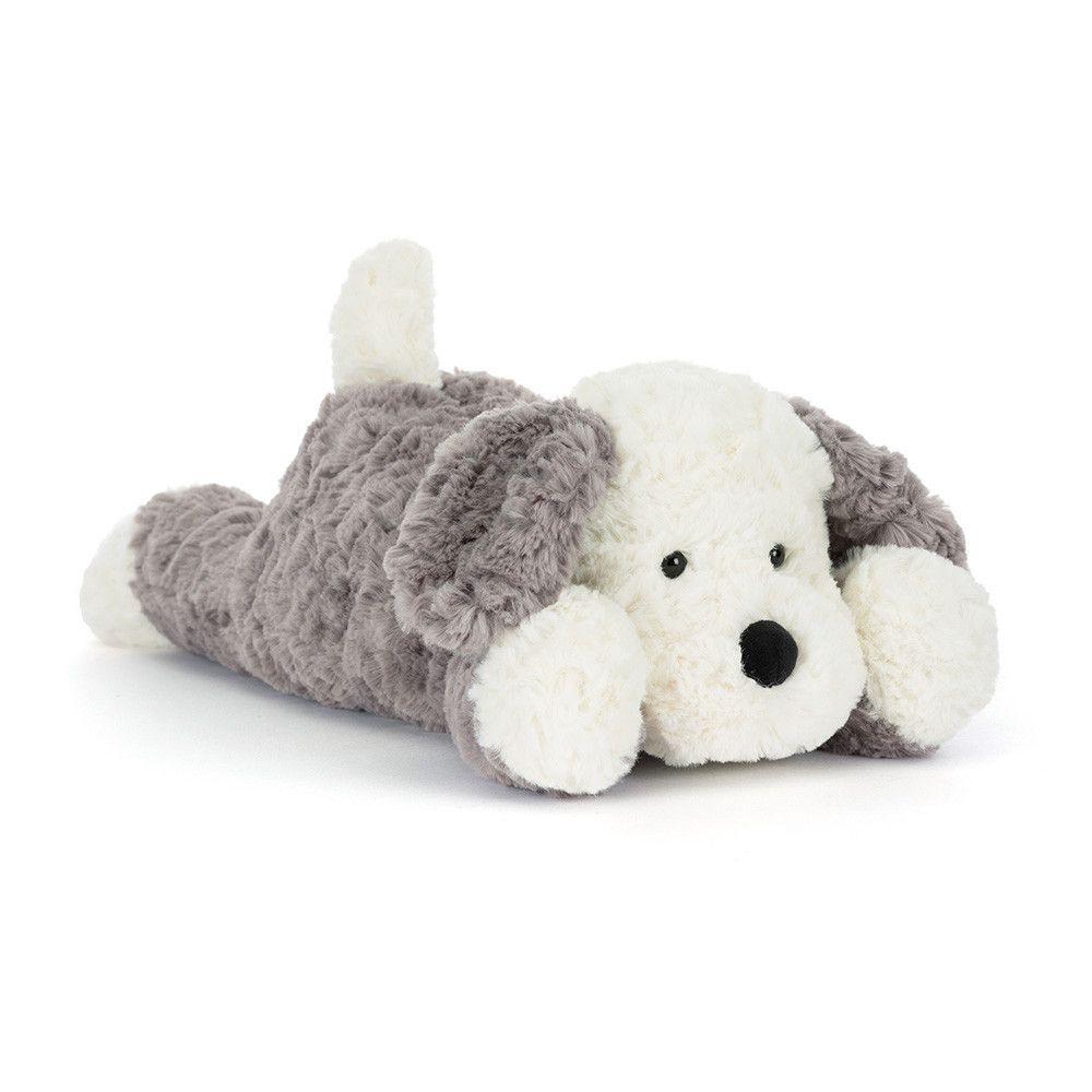 Hund Tumblie Sheep Dog - Jellycat Dogs & Puppies Jellycat Tumblie Sheep Dog liegender grau weißer Plüschhund mit flauschigem Hütehund Fell und schwarzer Stupsnase