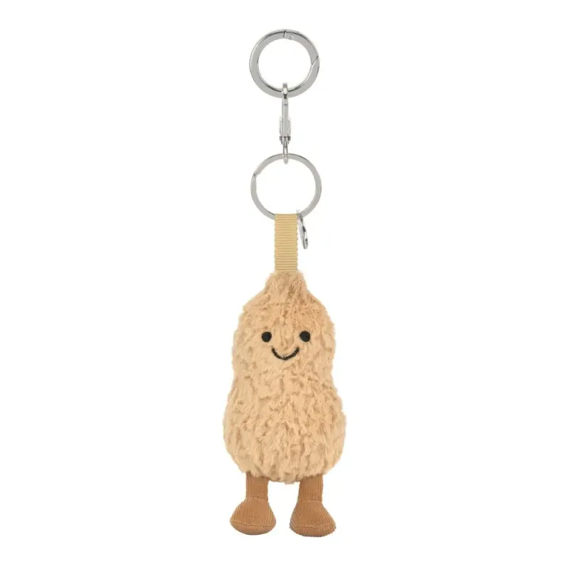 Erdnuss Peanut Taschenanhänger - Amusable Charm Jellycat Amuseable Peanut Bag Charm Erdnuss Plüsch Anhänger mit braunen Cord Beinen und Silber Metallclip für Taschen