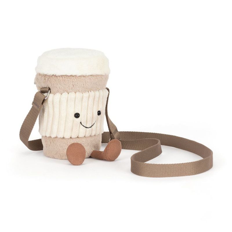 Jellycat Amuseable Coffee-To-Go Bag Umhängetasche im Kaffeebecher-Design aus weichem Plüsch mit braunem Cord-Beinchen