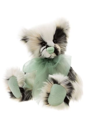 Charlie Bears Mint Crumble plüschiger Teddybär in weiß grau cream mit handgestickter minzgrüner Nase und Minzschleife