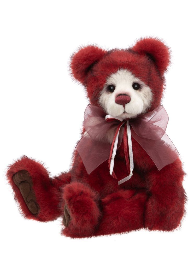 Charlie Bears Sugar Cookie weinroter Plüsch Bär sitzend mit cremeweißem Latz und eleganter weinroter Organzaschleife