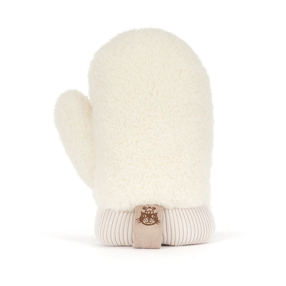 Jellycat Amuseable Fitswell Mitten cremeweißer Plüsch Fäustling Handschuh mit Lächeln und braunen Kordelbeinen