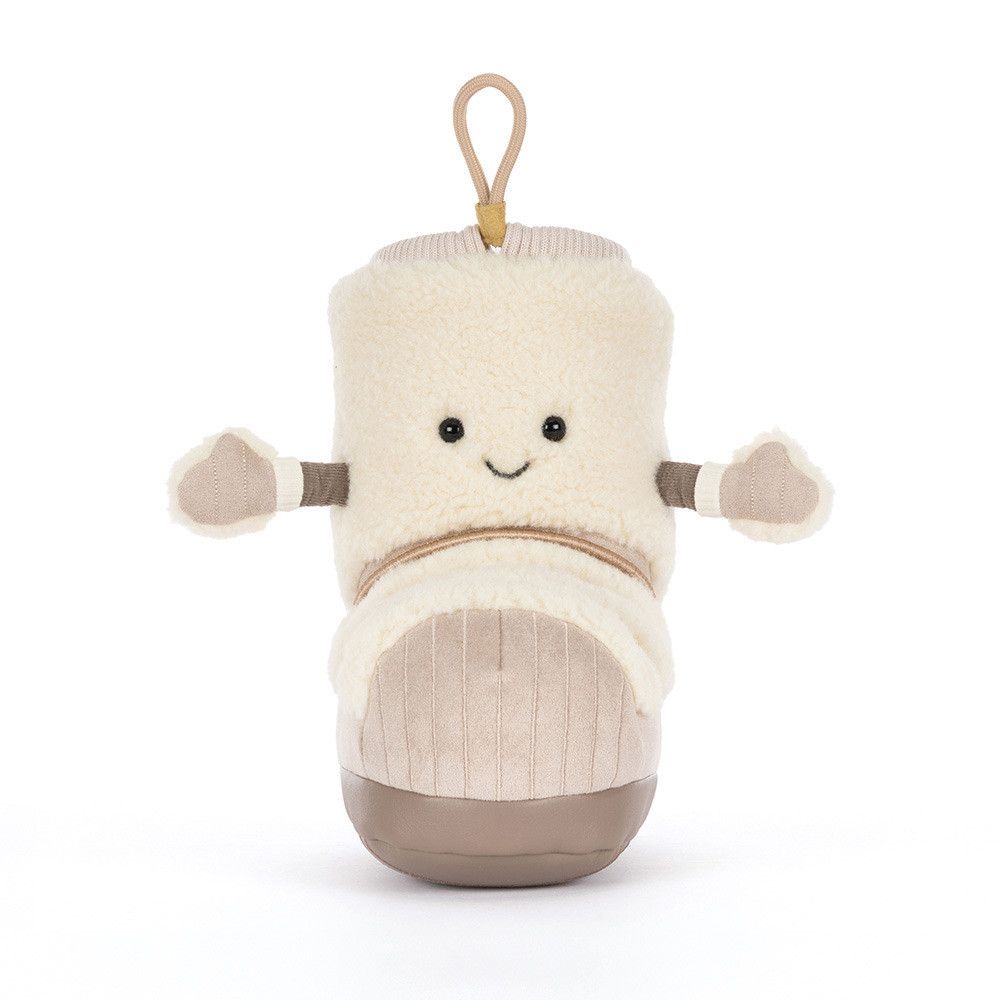 Jellycat Amuseable Perta Snow Boot Plüsch Schneeschuh mit Fellkragen, Schnürung, Lächeln und braunen Kordelarme
