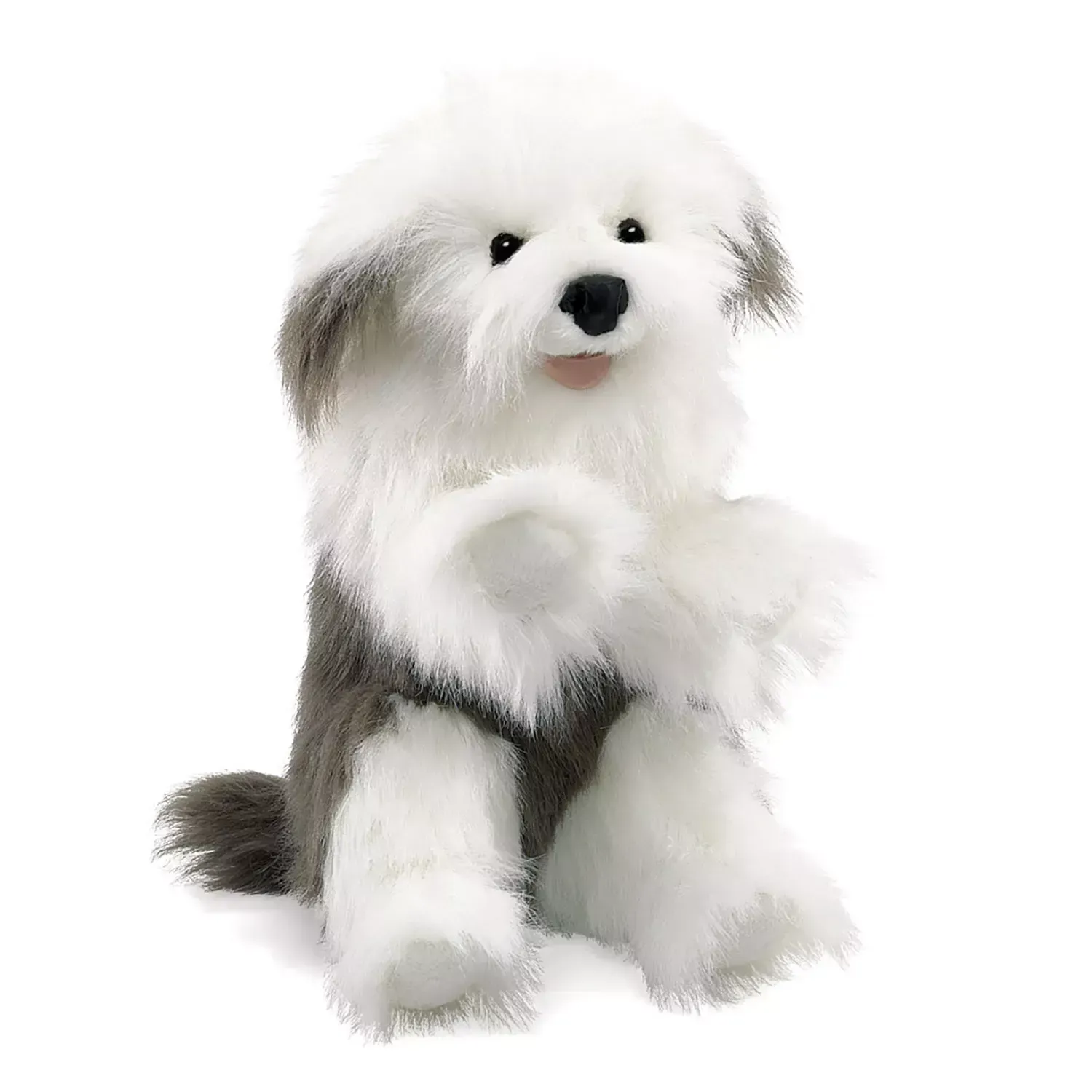 Hund Bobtail - Folkmanis Folkmanis Handpuppe Hund Bobtail grau weißer zotteliger Plüsch Old English Sheepdog mit bespielbarem Maul und Kopf