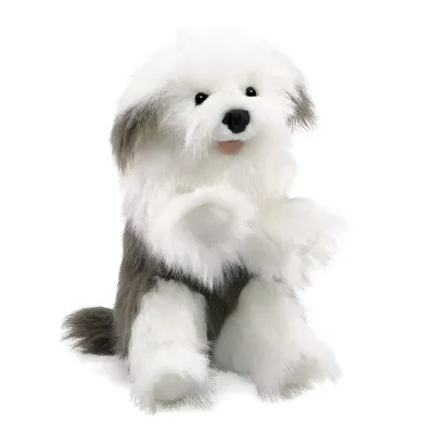 Hund Bobtail - Folkmanis Folkmanis Handpuppe Hund Bobtail grau weißer zotteliger Plüsch Old English Sheepdog mit bespielbarem Maul und Kopf