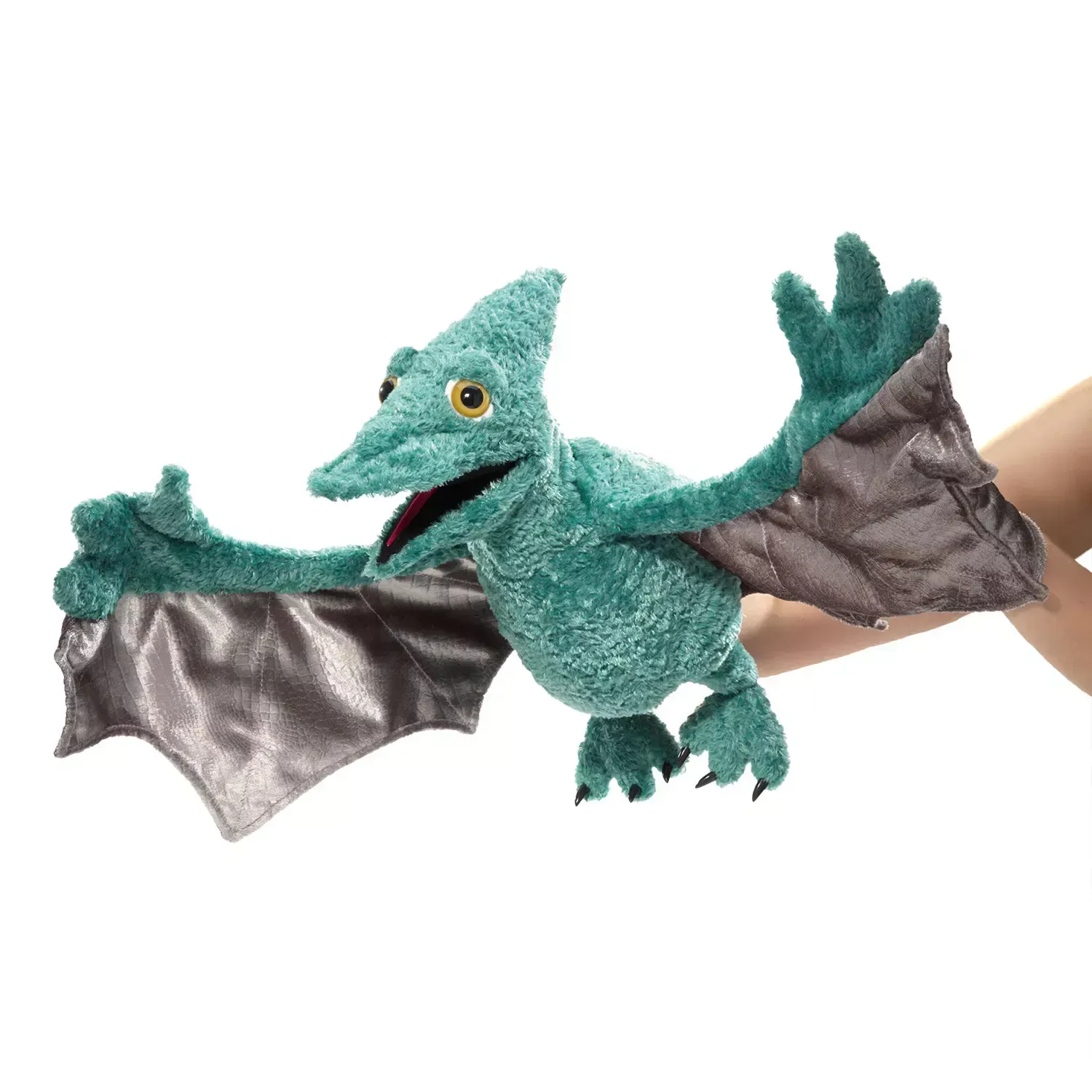 Dinosaurier Pterodactyl Flugsaurier- Folkmanis Folkmanis Pterosaurier Handpuppe aus strukturiertem türkisfarbenem Stoff mit silbernen Flügeln und beweglichem Schnabel