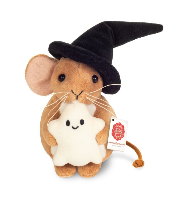 Halloween Maus mit Geist - Hermann Teddy Hermann Teddy Halloween Maus brauner Plüsch mit großen Ohren hält einen kleinen weißen Gespenster Geist in den Pfoten