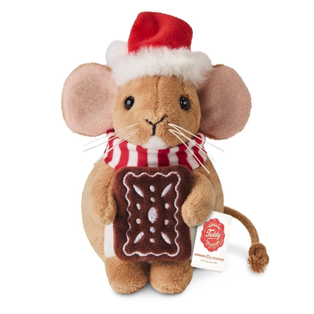 Maus Weihnachtsmaus mit Lebkuchen - Hermann Teddy Hermann Teddy Weihnachtsmaus brauner Plüsch mit großen Ohren hält einen kleinen braunen Plüsch Lebkuchen in den Pfoten