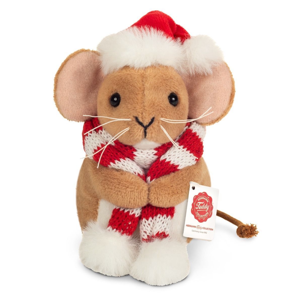 Maus Weihnachtsmaus mit Schal - Hermann Teddy Hermann Teddy Weihnachtsmaus brauner Plüsch mit großen Ohren trägt einen rot weißen gestrickten Winterschal um den Hals
