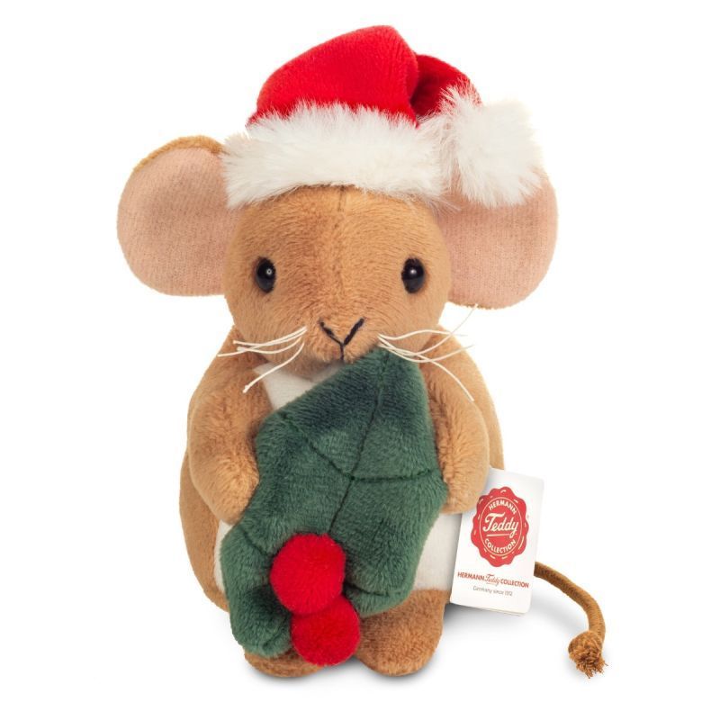 Maus Weihnachtsmaus mit Ilexblatt - Hermann Teddy Hermann Teddy Weihnachtsmaus braune Plüsch mit großen Ohren verzierte mit einem grünen Ilexblatt Stechpalmenblatt und roter B