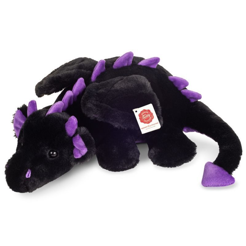 Drache Logan - Hermann Teddy Hermann Teddy Drache Logan 32 cm sitzend mit schwarzem weichem Plüschfell lilafarbenen Flügeln und lila Drachenkamm