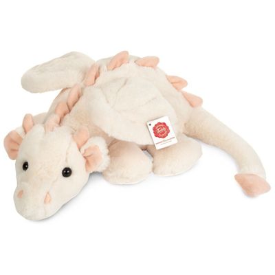 Hermann Teddy Drache Fluffy 32 cm sitzend mit weißem flauschigem Plüschfell rosa Flügeln schimmernden Details