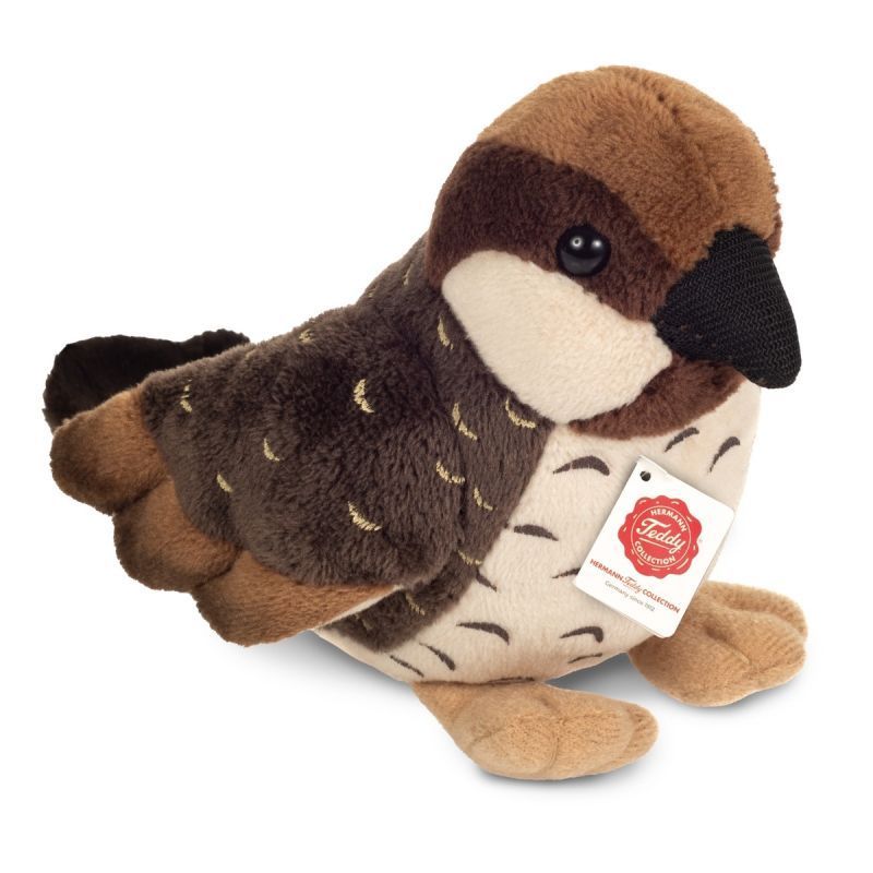Vogel Spatz Sperling - Hermann Teddy Hermann Teddy Spatz Sperling Plüschvogel sitzend mit braun grau gemustertem Gefieder und dunklen Knopfaugen