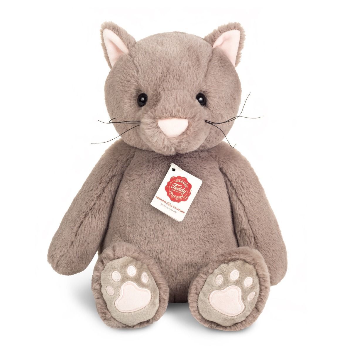 Katze Milly Schlenkerkatze - Hermann Teddy Hermann Teddy Schlenkerkatze Milly grau aus weichem Plüsch mit langen Schlenkerbeinen rosa Stupsnase und treuen Augen
