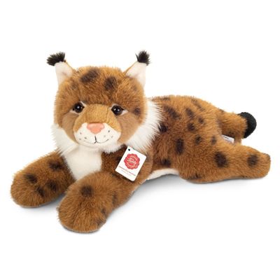 Luchs liegend - Hermann Teddy Hermann Teddy Luchs liegend aus weichem braun-grau geflecktem Plüsch mit ausgeprägten Pinselohren und weißem Backenbart