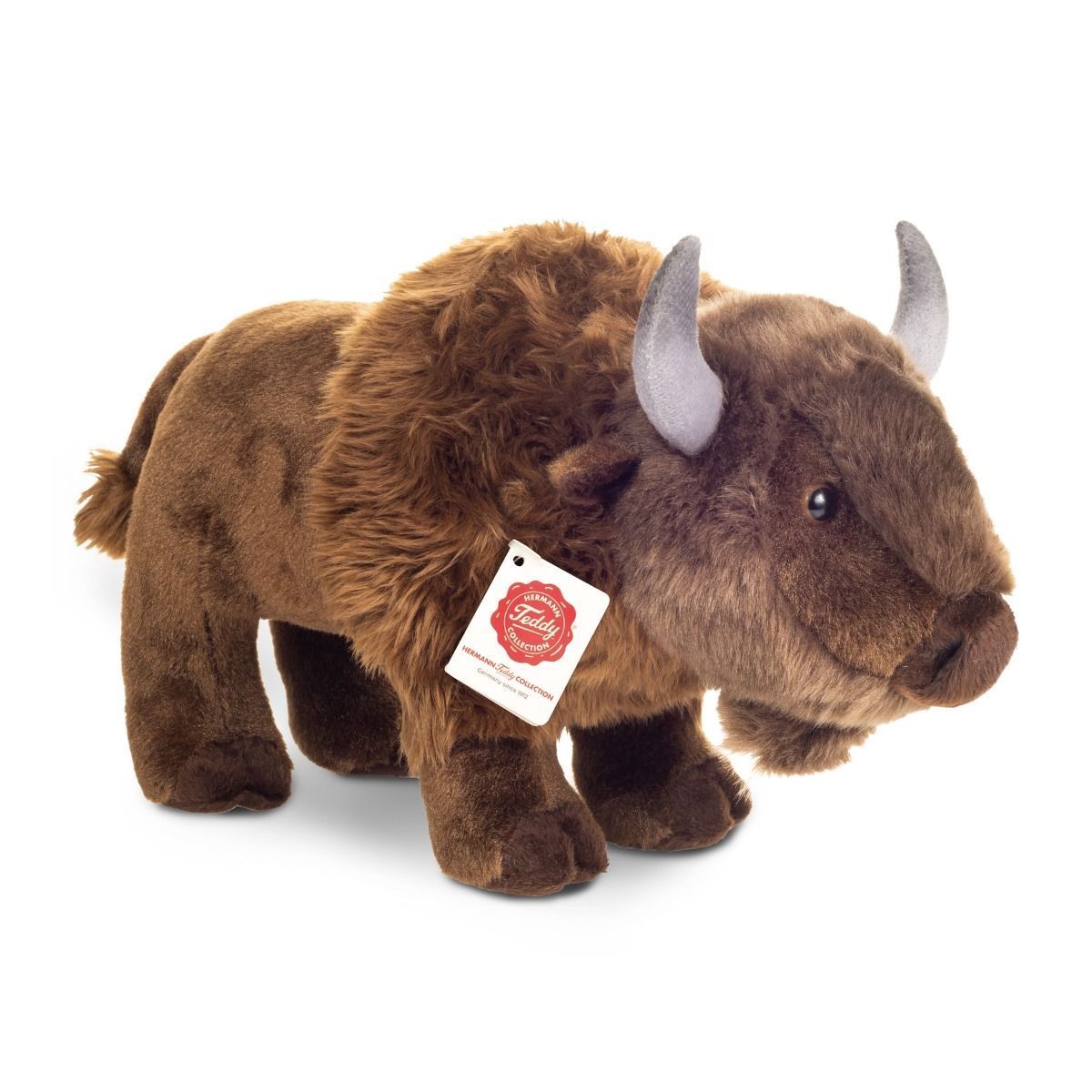 Wisent - Hermann Teddy Hermann Teddy Wisent stehend aus dunkelbraunem zotteligem Plüsch mit mächtigem Buckel und dunklen Horn-Details