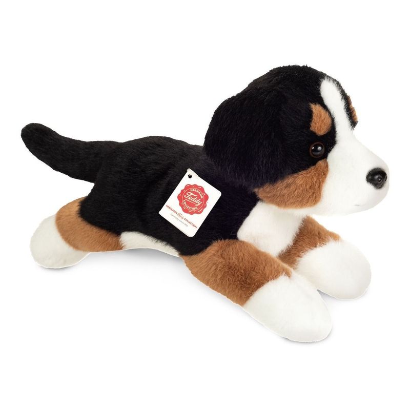 Hund Berner Sennenhund - Hermann Teddy Hermann Teddy Berner Sennenhund liegend aus schwarzem braunem und weißem weichem Plüsch mit weißer Blesse und Schlappohren