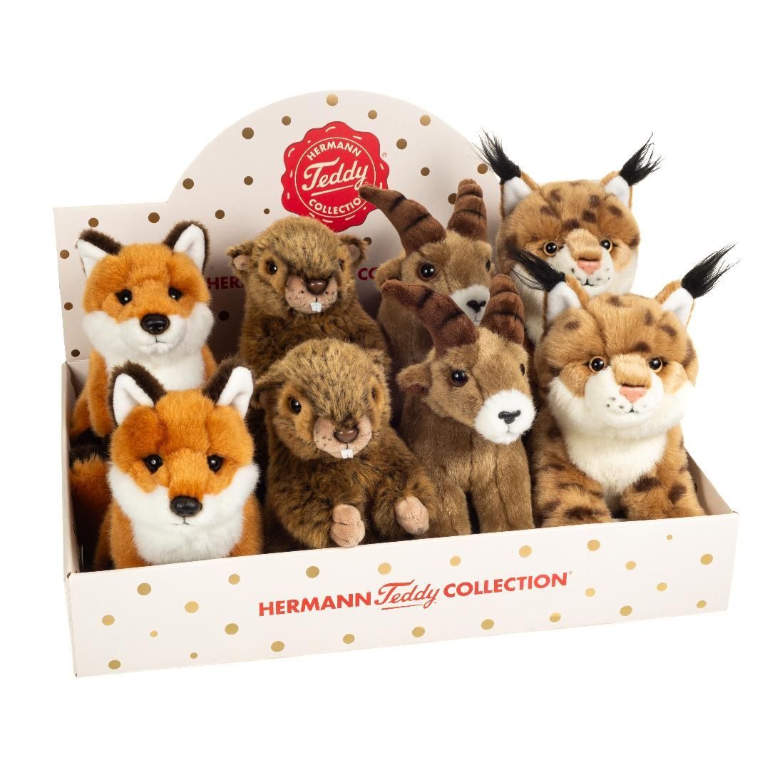 Bergtiere: Fuchs, Murmeltier, Steinbock oder Luchs - Hermann Teddy Hermann Teddy Bergtiere Ensemble mit Luchs, Steinbock mit Hörnern, aufrechtem Murmeltier und rotem Fuchs samtweichem Plüsch
