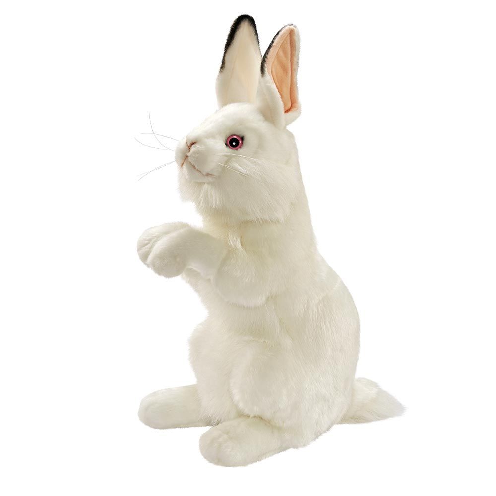 Hase weiß auswartend - Hansa Creation Hansa Creation Hase weiß aufwartend stehend auf Hinterläufen aus schneeweißem Plüsch mit aufgestellten Ohren