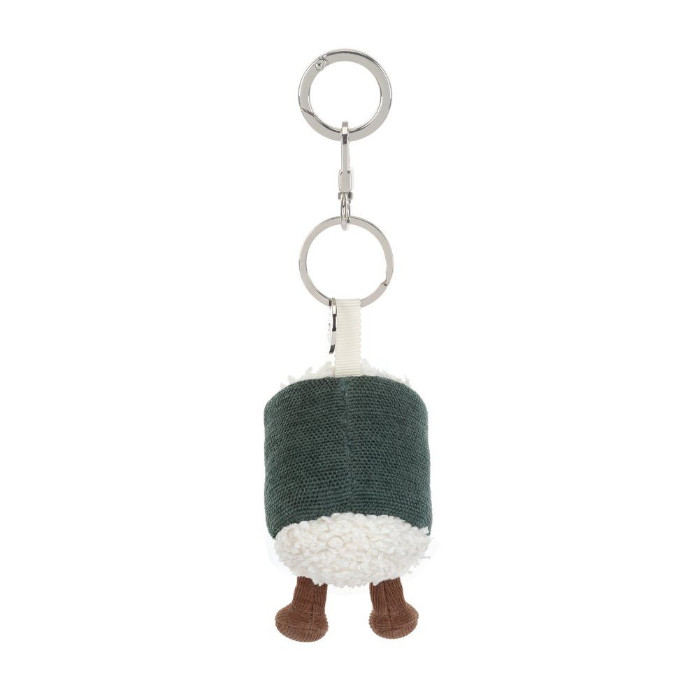 Jellycat Amuseable Hosomaki Sushi Taschenanhänger mit schwarzem Nori-Mantel, gelb-grüner Füllung, Kordbeinchen