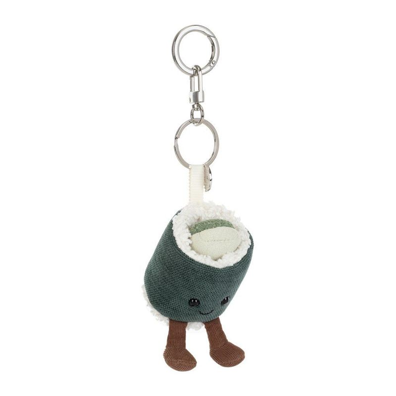 Sushi Hosomaki Taschenanhänger - Bag Charms Jellycat Amuseable Hosomaki Sushi Taschenanhänger mit schwarzem Nori-Mantel, gelb-grüner Füllung, Kordbeinchen