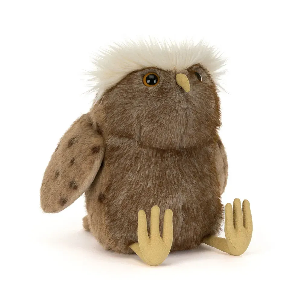 Jellycat Tawoola Owl Eule aus weichem cremefarbenem und braun gemustertem Plüsch mit großen braun-schwarzen Augen