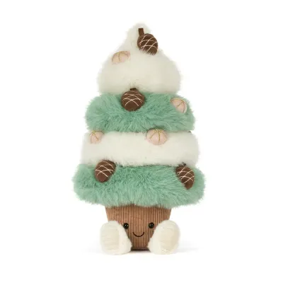 Jellycat Amuseable Pinecone Tree Tannenbaum aus tannengrünem Plüsch mit kleine braunen Zapfen-Details und fröhlichem Lächeln