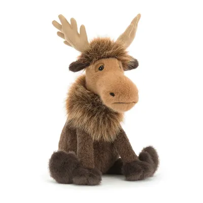 Jellycat Birchly Moose Elch aus flauschigem dunkelbraunem Plüsch mit samtigem beigefarbenem Geweih, breiter Schnauze 