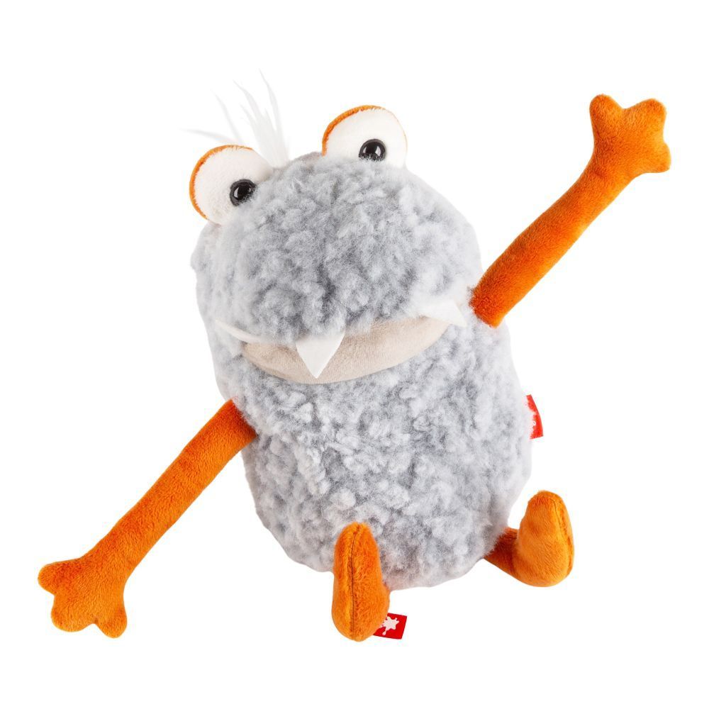 sigikid Monster Knox aus der Serie Die Monstronauten aus weichem grauem Wuschelplüsch mit auffälligen orangen Armen und Beine