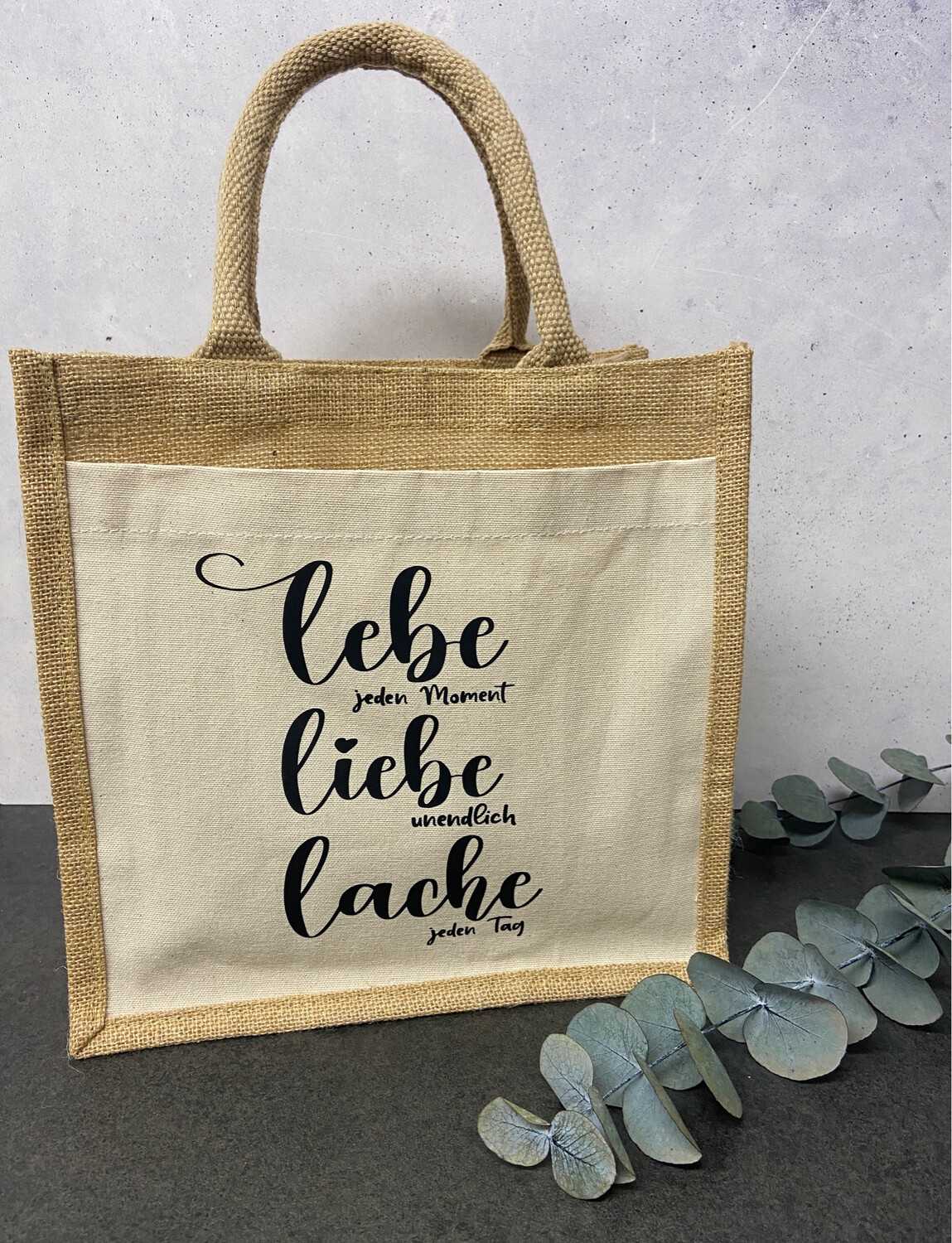 Jute Canvas Mini Bag / lebe liebe lache 