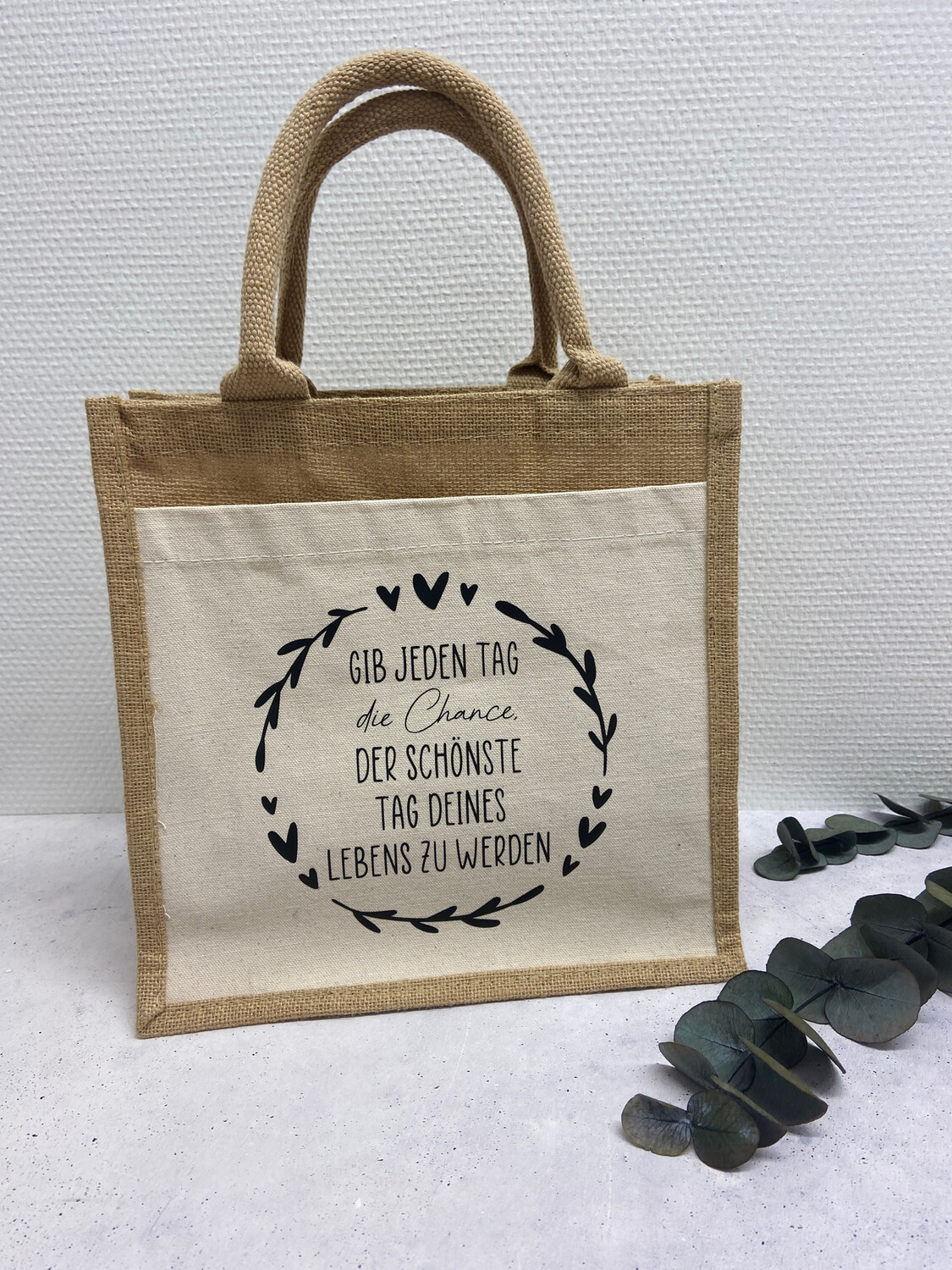 Jute Canvas Mini Bag / Gib jeden Tag …….