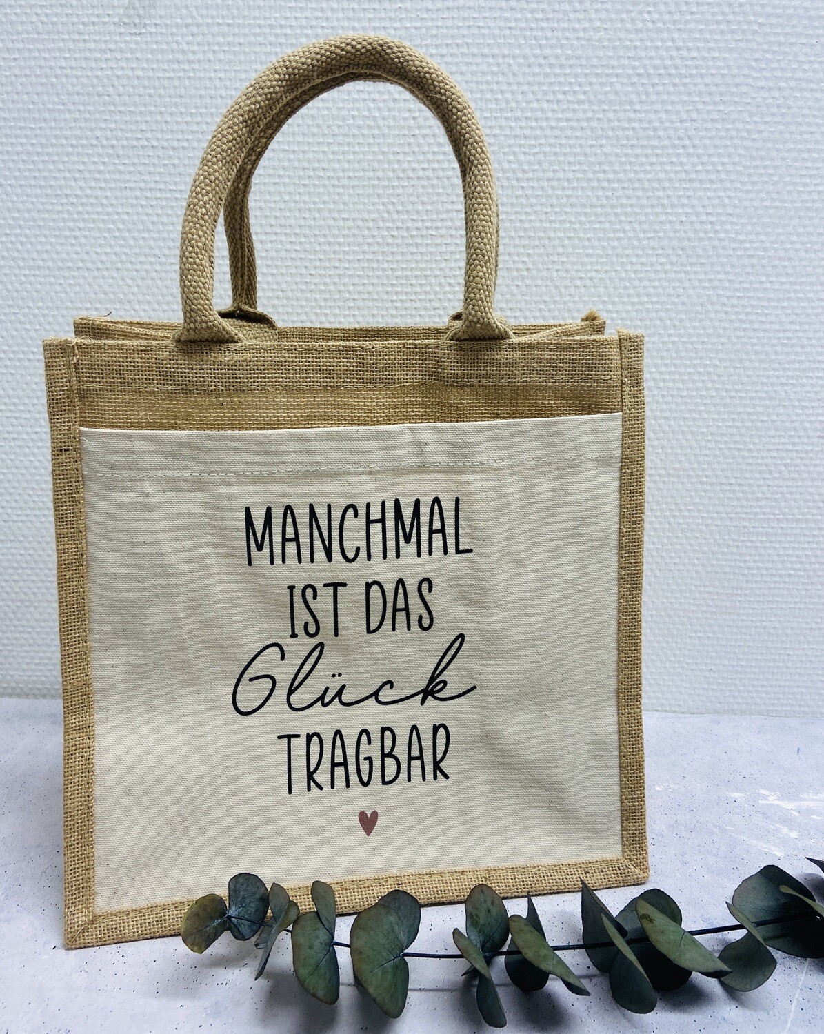 Jute Canvas Mini Bag / Manchmal ist das Glück Tragbar