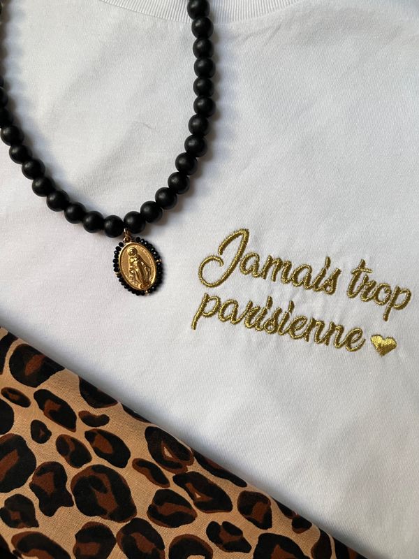 Collier perles noire médaille Madone